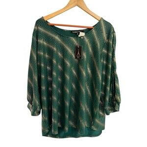 NWT Louise Paris Green Gold Metallic Dot Blouse Stretchy Dressy‎ Top  Plus 3X